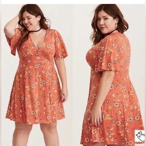 Torrid Orange Floral Print Flutter Sleeve Dress 3X Plus Size Women’s